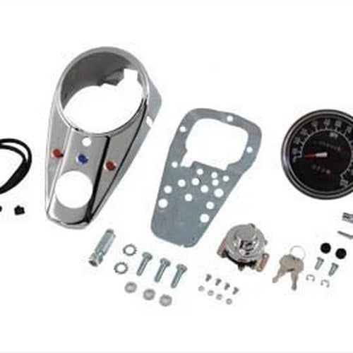 V-Twin 39-0904 Chrome Three Light Dash Panel Kit with 1:1 Ratio Speedometer