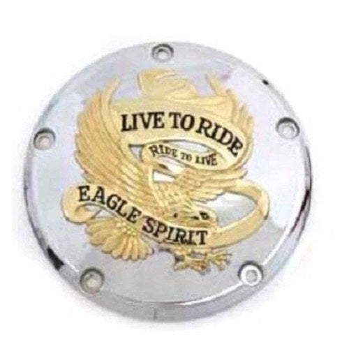 V-Twin 42-0849 Chrome & Gold Eagle Spirit Live to Ride Derby Cover for Twin Cam