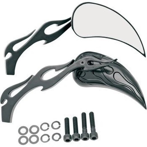 Drag Specialties Black Flame Teardrop Mirrors with Sculptured Stem for Harley