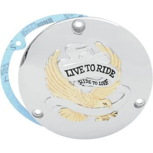 Drag Specialties Chrome & Gold Live to Ride Eagle Derby Cover for Big Twin 70-98