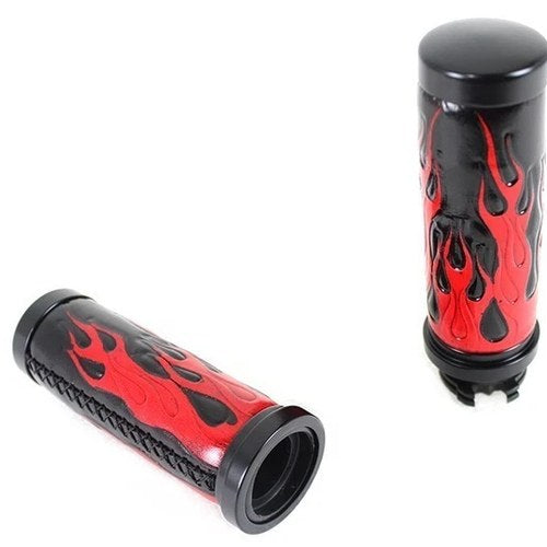 V-Twin 28-0890 Red Flame Style Grip Set with Black Ends