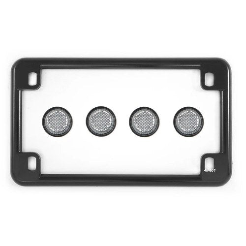 Gloss Black License Plate Frame w/ 4 Clear Reflector Bolts Set