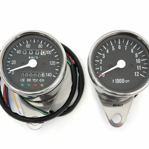 Kmh Mini Speedometer w/ Indicator Lights 1400:60 & Tachometer 1:4 Chrome & Black