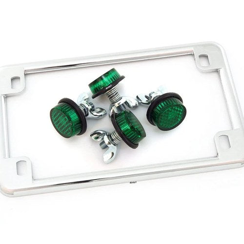 Chrome Motorcycle License Plate Frame w/ 4 Green Reflector Bolts Set