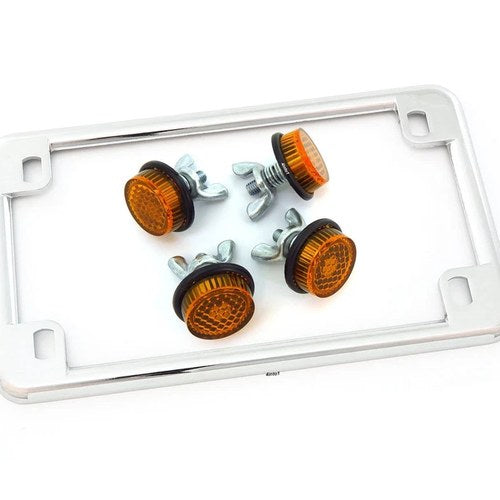 Chrome Motorcycle License Plate Frame w/ 4 Amber Reflector Bolts Set