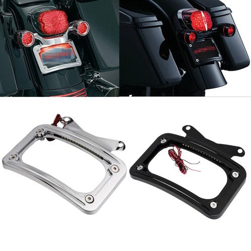 Black/Chrome Curved License Plate Mount W/ Light Fit For Harley Street Glide