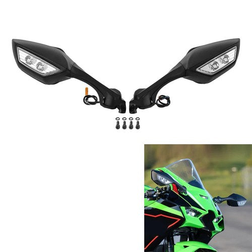 LED Rearview Side Mirrors Fit For Kawasaki Ninja ZX-10R ZX10R ZX 10R 21-25 Black