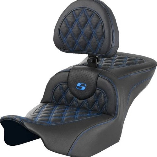 Saddlemen RoadSofa LS Seat With Backrest Blue Stitch #285023 Harley Davidson