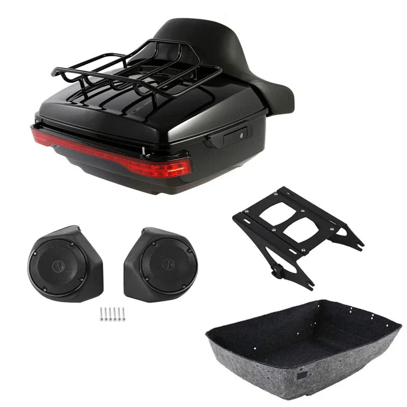 King Trunk Pad Mount Rack LED Light Speaker Fit For Harley Cvo Road Glide 14-26