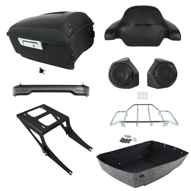 King Trunk Backrest Speakers LED Light Mount Rack Fit For Harley Fat Boy 2008-17