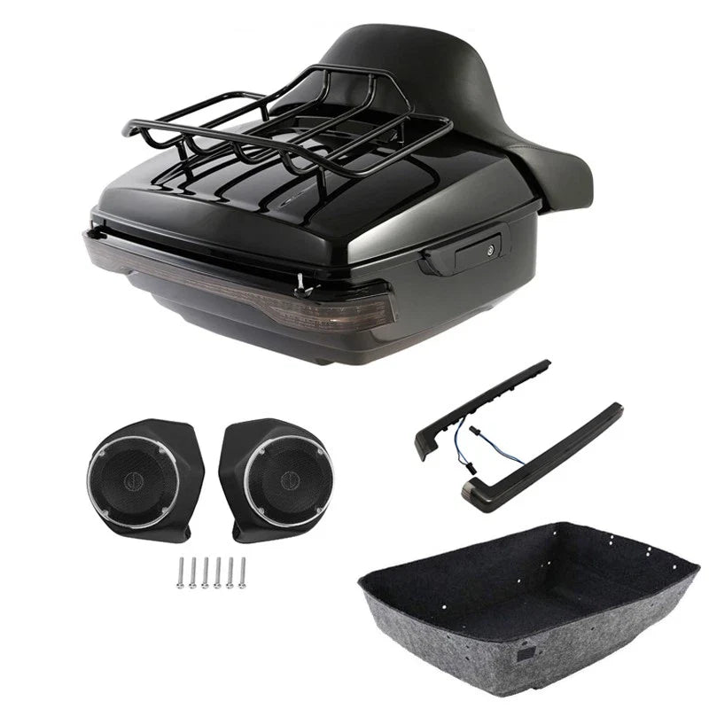 King Trunk Backrest Rack LED Light Speaker Fit For Harley Cvo Street Glide 14-26