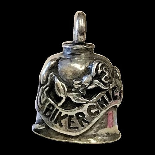 Pewter Motorcycle Gremlin Bell Biker Chick Rose Flower Made in the Usa