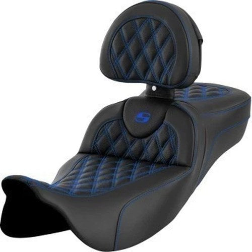 Saddlemen Roadsofa Extended Reach Seat w/ Backrest Blue Lattice Stitch for 08-23