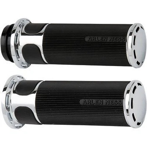 Arlen Ness 07-300 Chrome & Rubber Slot Track Hand Grips fr Cable Op Harley 96-17