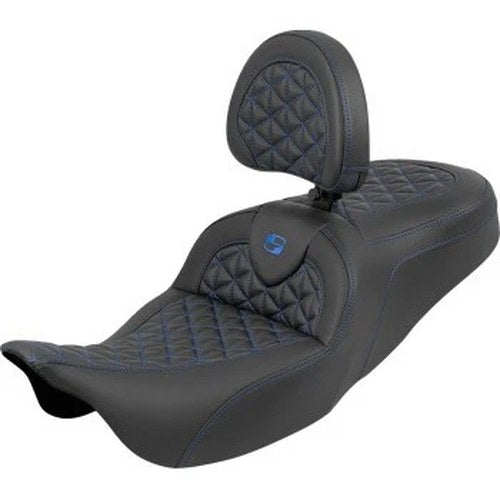 Saddlemen Road Sofa Seat w/ Backrest Blue Stitch Tri Gripper for 08-25 Touring