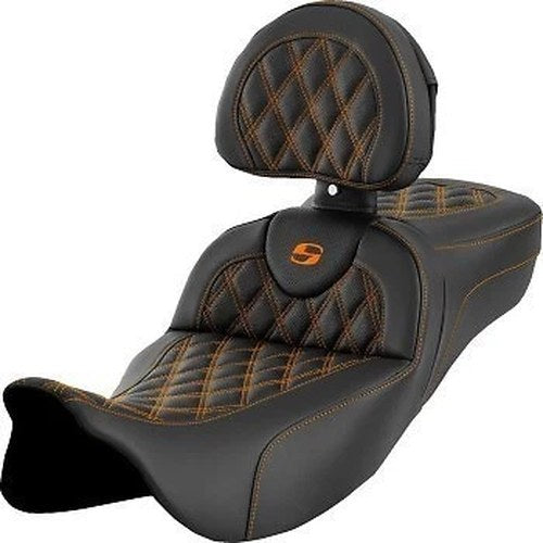 Saddlemen Roadsofa Extended Reach Seat w/ Backrest Orange Lattice Stitch - 08-23