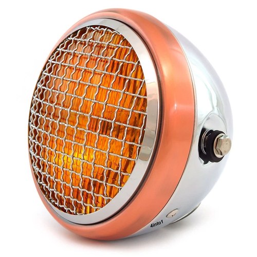 6.5" Side Mount H4 Halogen Motorcycle Headlight w/ Grill - Chrome Bronze Amber