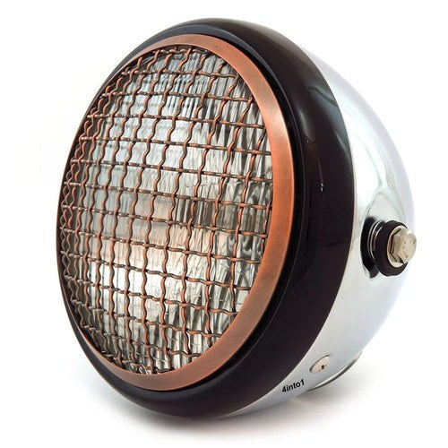 6.5" H4 Halogen Motorcycle Headlight w/ Grill - Chrome Gloss Black Bronze