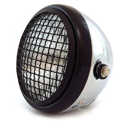 6.5" H4 Halogen Motorcycle Headlight w/ Grill - Chrome Gloss Black Matte Black