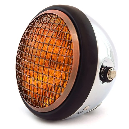 6.5" H4 Halogen Motorcycle Headlight w/ Grill - Chrome Matte Black Bronze Amber