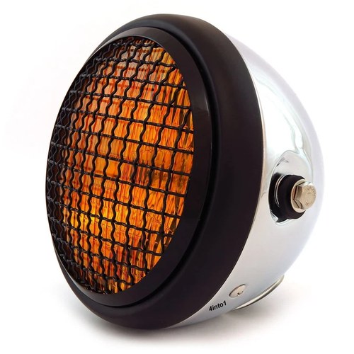 6.5" H4 Halogen Motorcycle Headlight w/ Grill - Chrome Matte Black Gloss Amber