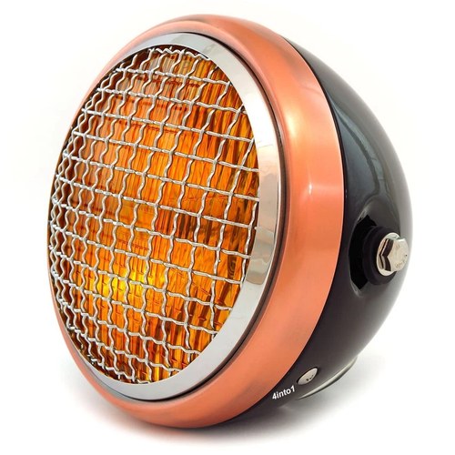 6.5" H4 Halogen Motorcycle Headlight w/ Grill - Gloss Black Bronze Chrome Amber