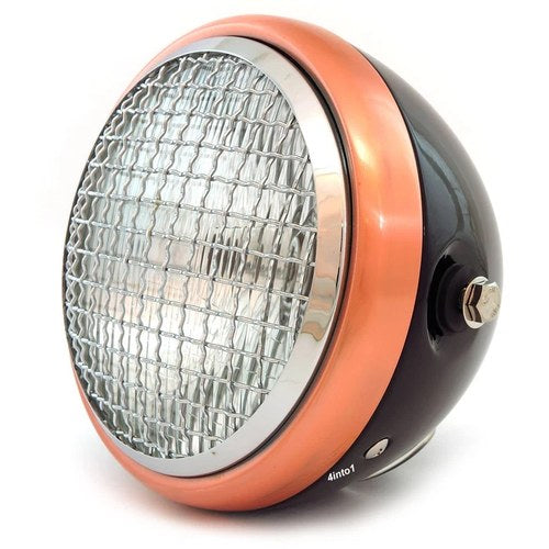 6.5" H4 Halogen Motorcycle Headlight w/ Grill - Gloss Black Bronze Chrome