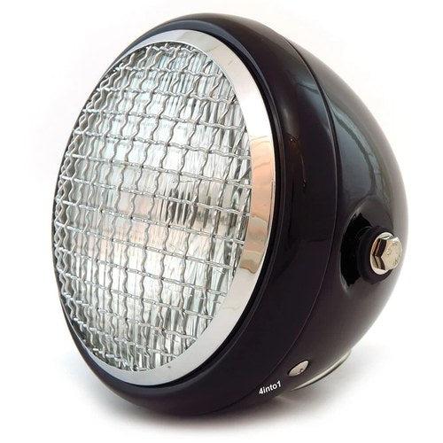 6.5" Side Mount H4 Halogen Motorcycle Headlight w/ Grill - Gloss Black Chrome