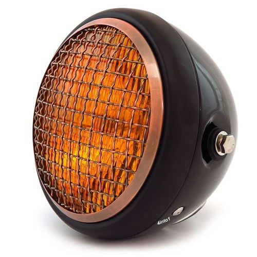 6.5" H4 Halogen Motorcycle Headlight w/ Grill - Gloss / Matte Black Bronze Amber