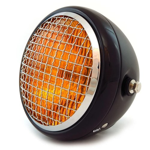 6.5" H4 Halogen Motorcycle Headlight w/ Grill - Matte / Gloss Black Chrome Amber