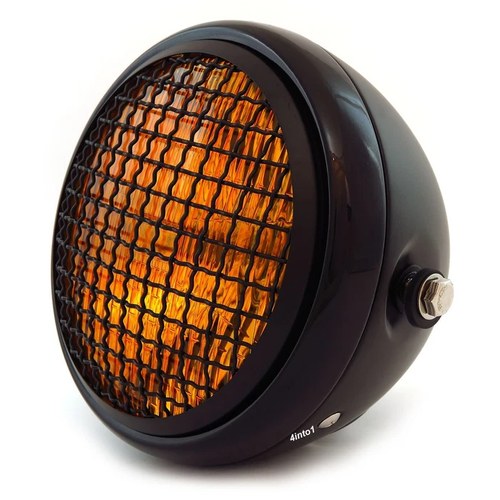 6.5" H4 Halogen Motorcycle Headlight w/ Grill - Matte Black Gloss Black Amber