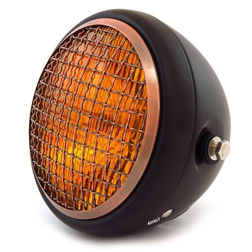 6.5" Side Mount H4 Halogen Motorcycle Headlight w/ Grill - Black Bronze Amber