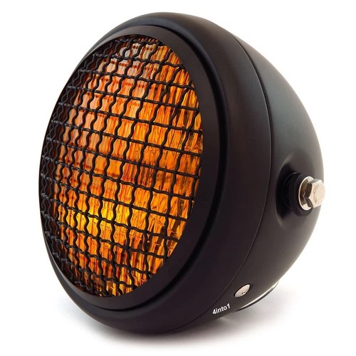 6.5" Side Mount H4 Halogen Motorcycle Headlight w/ Grill - Matte Black Amber