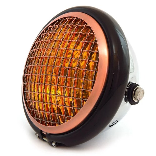 5.75" Halogen Motorcycle Headlight w/ Grill - Chrome Gloss Black Bronze - Amber