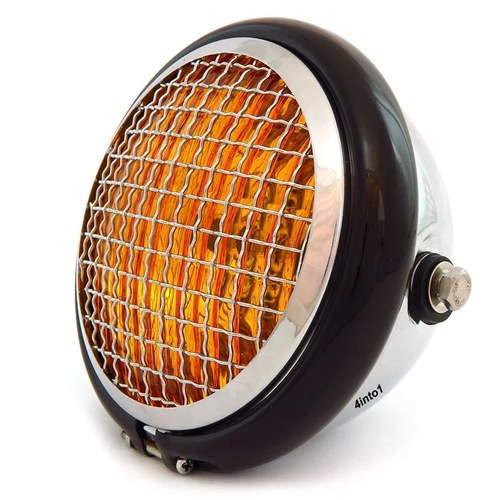 5.75" Halogen Motorcycle Headlight w/ Grill - Chrome Gloss Black Chrome - Amber