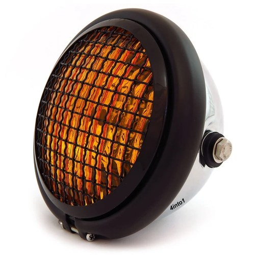 5.75" Halogen Motorcycle Headlight w/ Grill - Chrome Matte Gloss Black - Amber