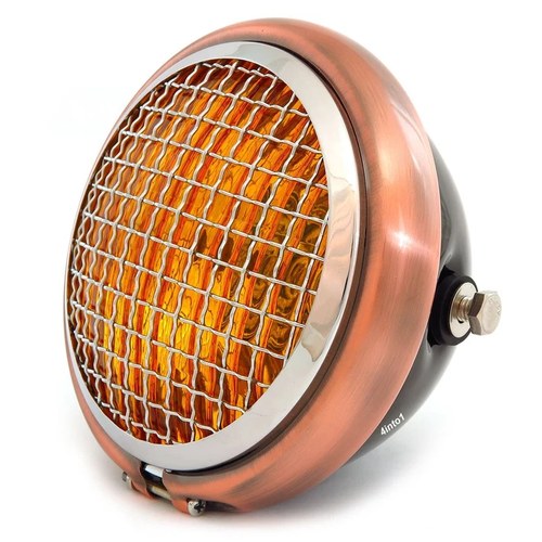 5.75" Halogen Motorcycle Headlight w/ Grill - Gloss Black Bronze Chrome - Amber