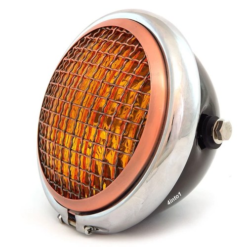 5.75" Halogen Motorcycle Headlight w/ Grill - Gloss Black Chrome Bronze - Amber