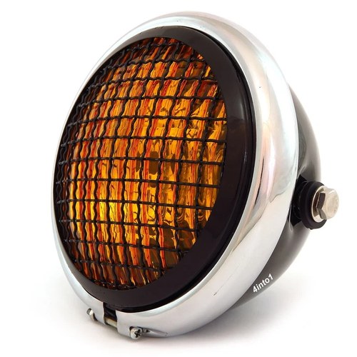 5.75" Halogen Motorcycle Headlight w/ Grill - Gloss Black Chrome Black - Amber