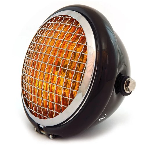 5.75" Halogen Motorcycle Headlight w/ Grill - Gloss Black - Chrome - Amber