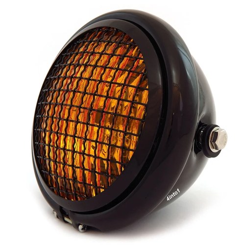 5.75" Side Mount Halogen Motorcycle Headlight w/ Grill - Gloss Black - Amber