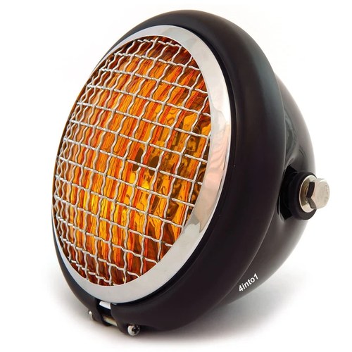 5.75" Halogen Motorcycle Headlight w/ Grill - Gloss Matte Black - Chrome - Amber