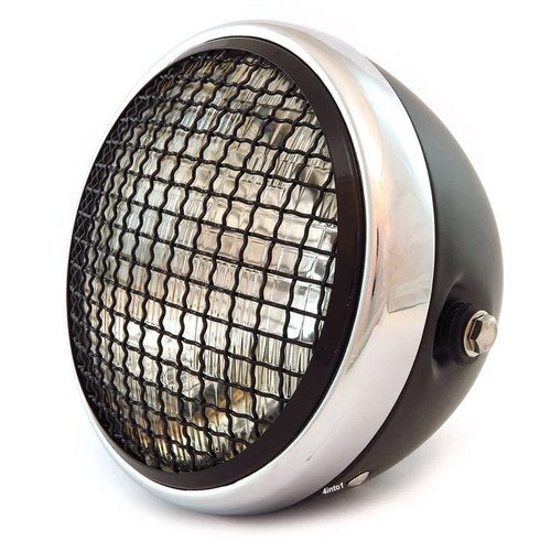 7" Side Mount Motorcycle Headlight w/ Grill - Matte Black Chrome - Clear Halogen