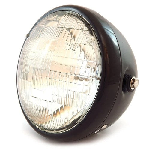7" Custom Side Mount Motorcycle Headlight - Matte/Gloss Black - Clear H4 Halogen