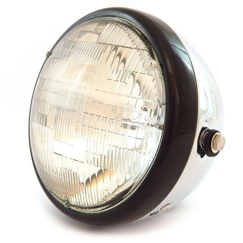 7" Custom Side Mount Motorcycle Headlight - Chrome - Gloss Black - Clear Halogen