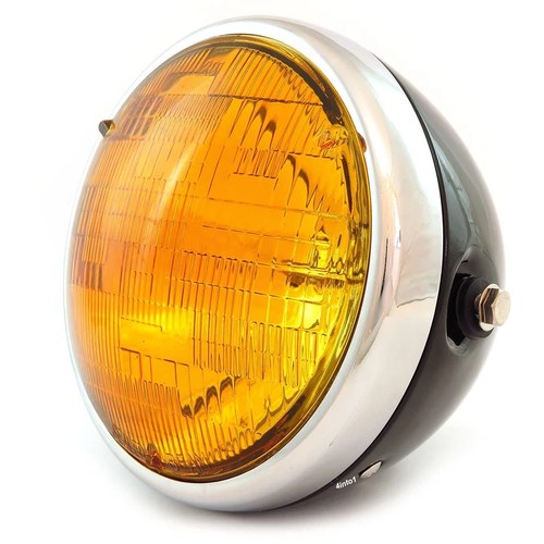 7" Custom Side Mount Motorcycle Headlight - Gloss Black - Chrome - Amber Halogen