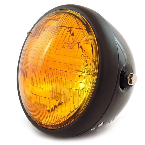 7" Custom Side Mount Motorcycle Headlight - Gloss / Matte Black Amber H4 Halogen