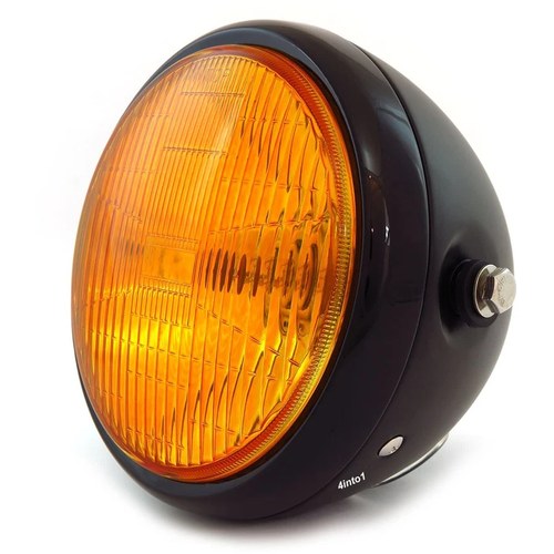6.5" Bullet Side Mount H4 Halogen Motorcycle Headlight - Matte Gloss Black Amber