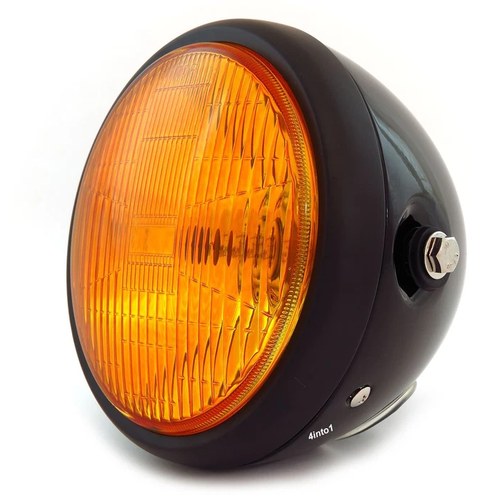 6.5" Bullet Side Mount H4 Halogen Motorcycle Headlight - Gloss Matte Black Amber