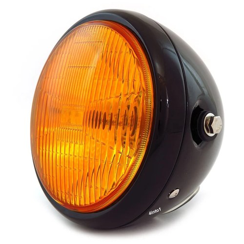 6.5" Bullet Side Mount H4 Halogen Motorcycle Headlight - Gloss Black Amber